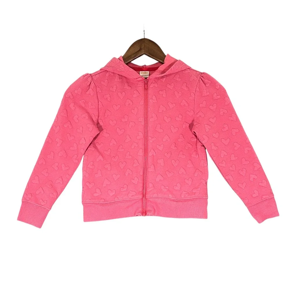 Gymboree Hoodie Kids S 5-6 Pink Embossed Heart Full Zip Puff Shoulder Excellent